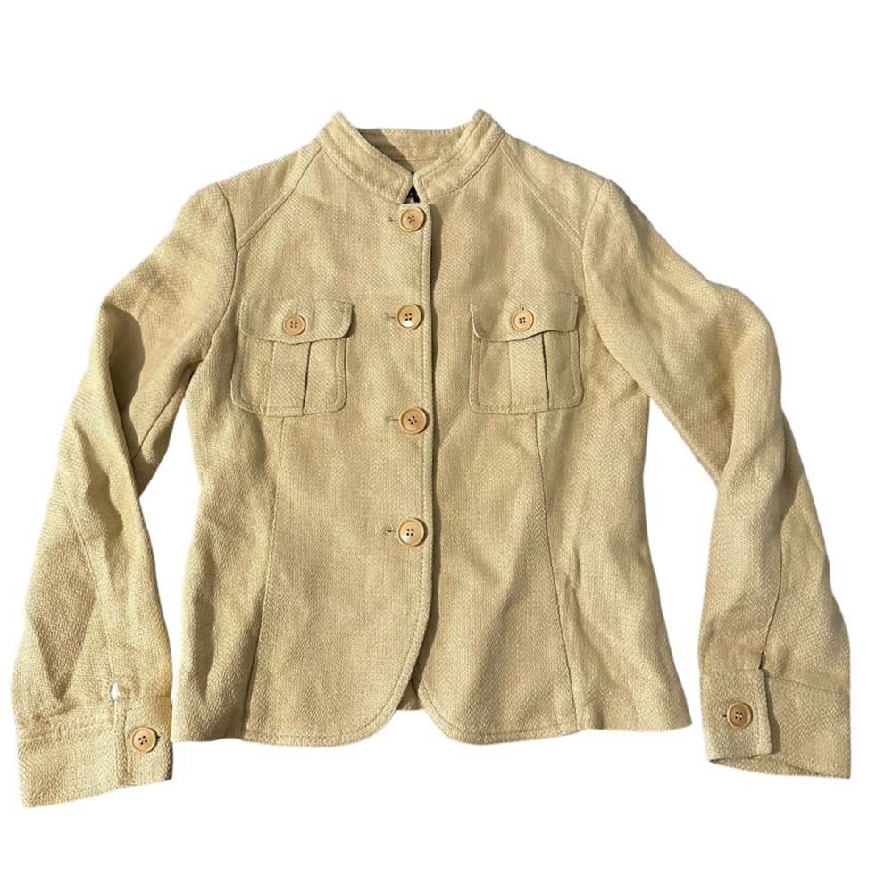 Zara Woman 100% Flax Linen Button Up Jacket Safari Style Tan Pockets Size 8 EUC